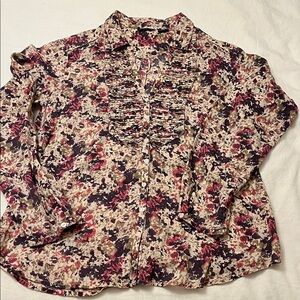 Eddie Bauer Shirt Tan Purple Black Pintuck Front Blouse Size M